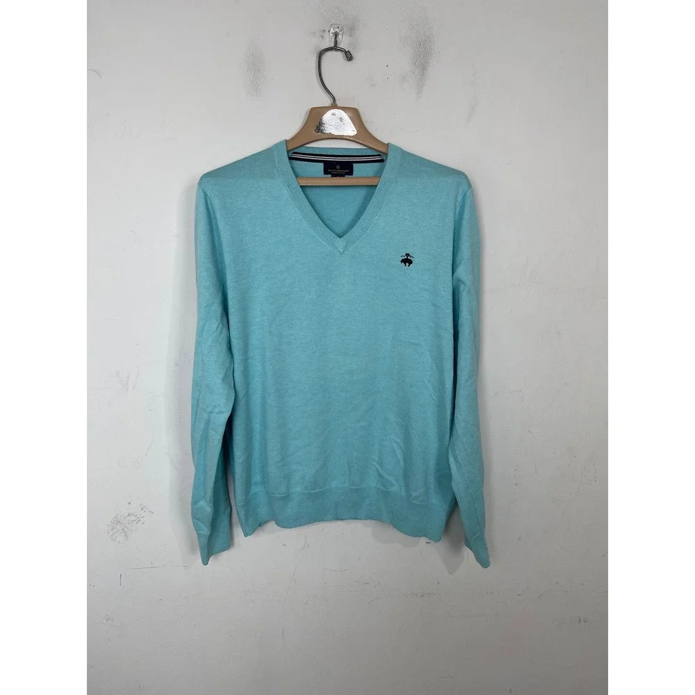 Brooks Brothers‎ Mens V-Neck Sweater Light Blue Supima Cotton Size M Logo Knit